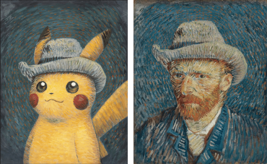 side-by-side-of-pokemon-and-van-gogh-in-self-portrait-with-grey-felt-hat-van-gogh-museum-pokemon-company-collaboration-50th-anniversary