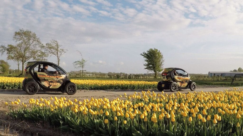 Photo-of-cars-driving-through-tulip-field-tour-Netherlands