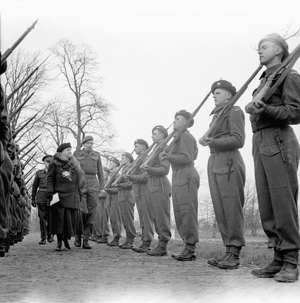 The Netherlands at war: Queen Wilhelmina inspecting troops somewhere near Eindhoven, around 1944-1945