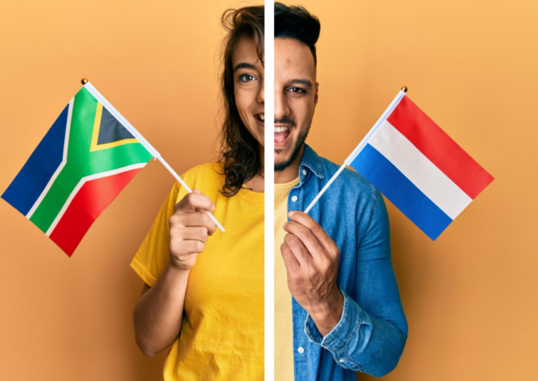 composite-image-of-woman-holding-south-african-flag-speaking-Africaans-and-a-Dutch-man-holding-Dutch-flag-speaking-Dutch