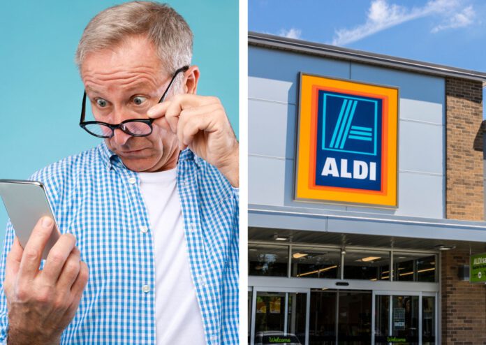 composite-image-of-man-looking-at-phone-looking-surprised-and-aldi-storefront