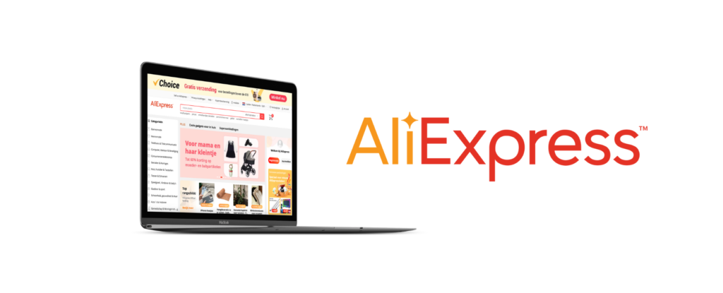 Laptop with AliExpress, one of the best online stores in the Netherlands, opened on a laptop.