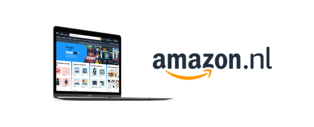 Laptop with Amazon, one of the best online stores in the Netherlands, opened on a laptop.