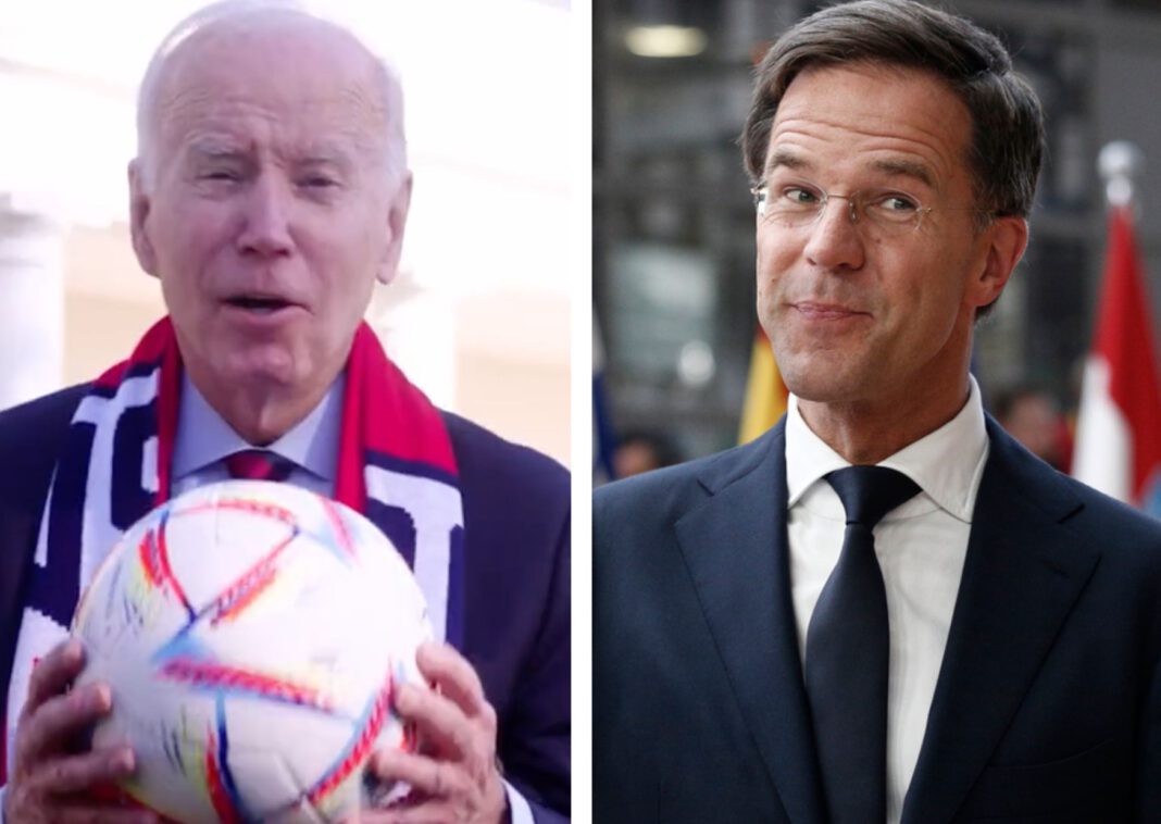 split image of US president Joe biden and Mark Rutte pulling a funny face