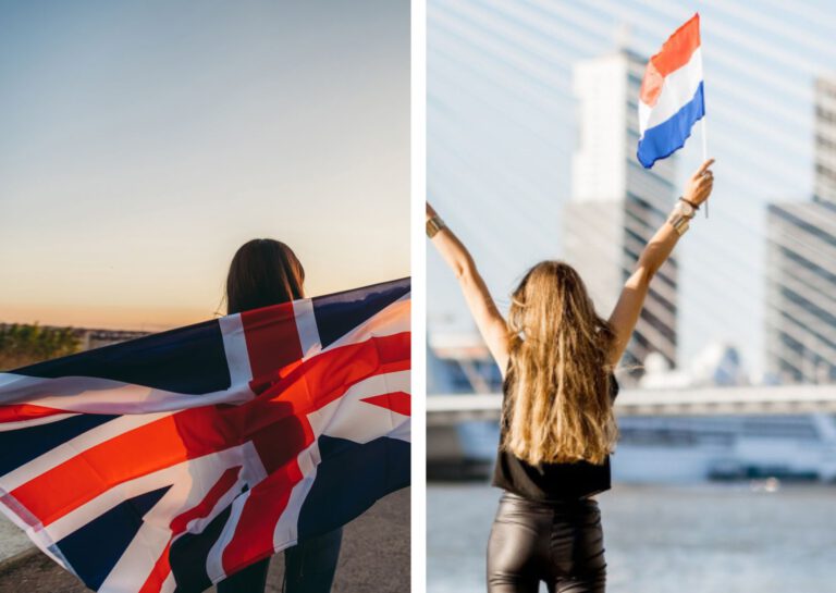 woman with uk flag in sunset next to woman with dutch flag by erasmus bridge in rotterdam