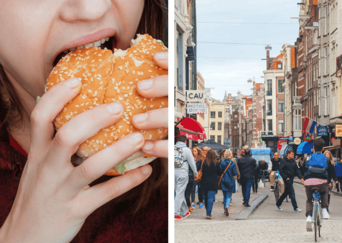 photo-of-person-girl-biting-into-fat-juicy-burger-delicious-yummy-half-screen-split-amsterdam-streets-good-weather-lots-of-people-crowded-busy-central-location