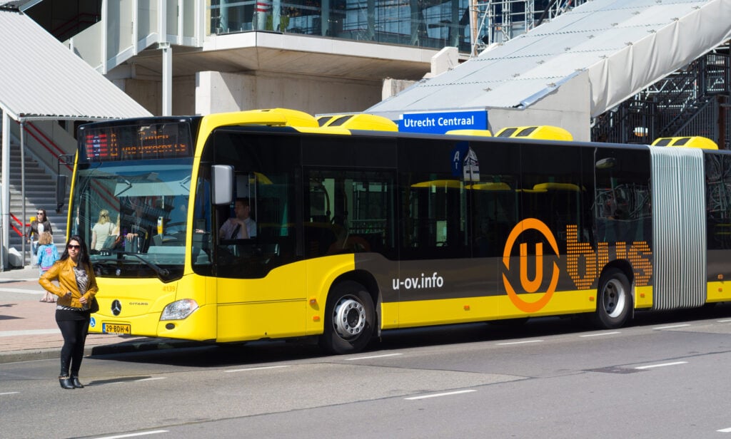 Yellow-bus-in-Utrecht-the-Netherlands