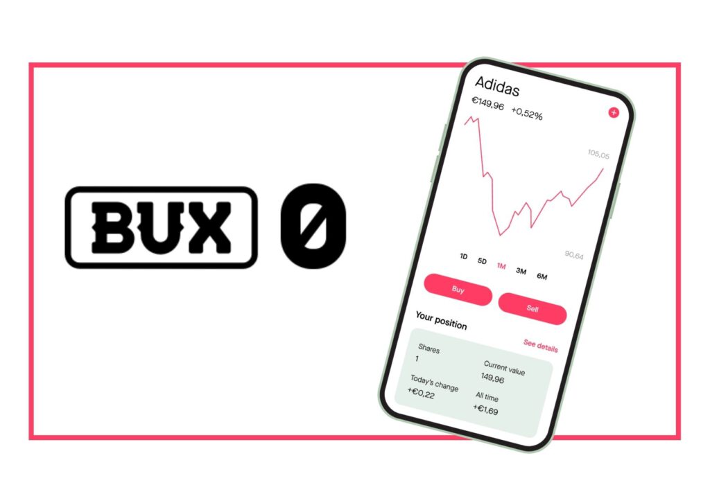graphic of bux zero logo and screenshot showing dutch investment app