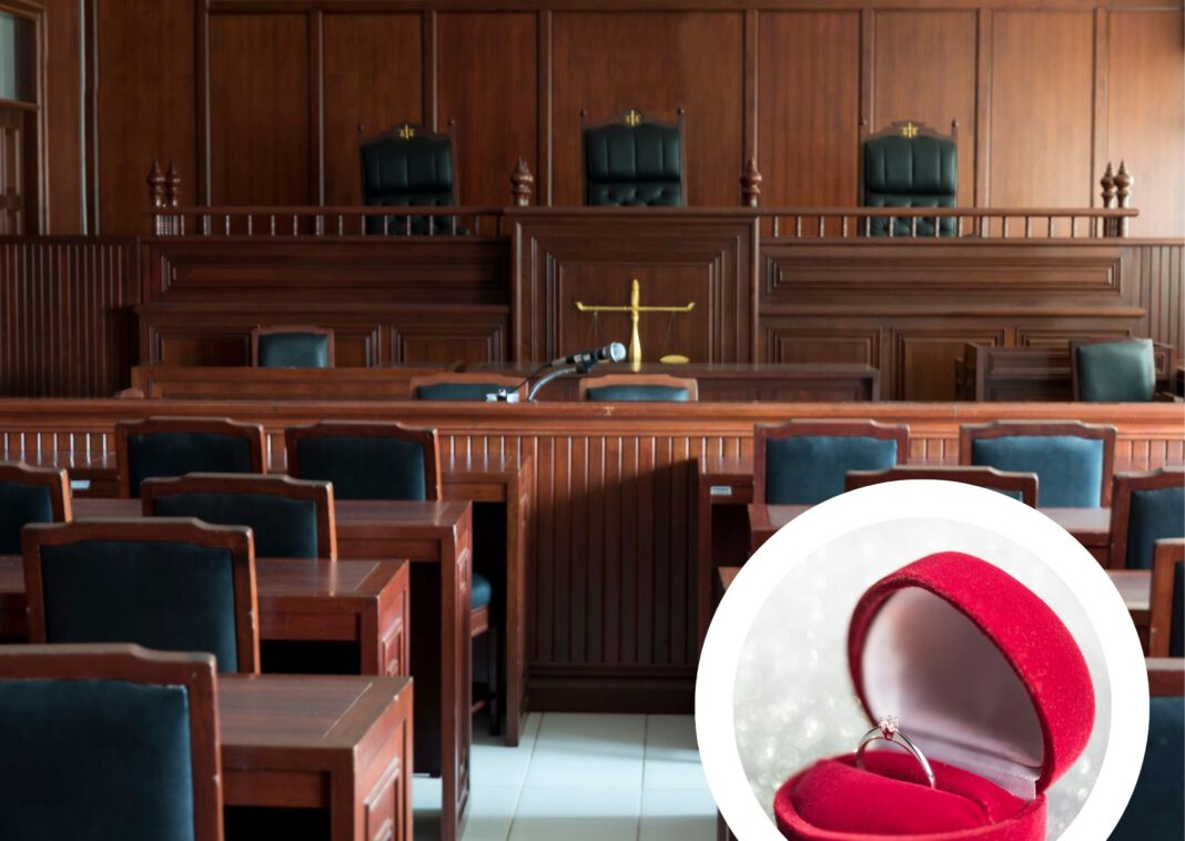 Composite Image, courtroom in the background with an engagement ring