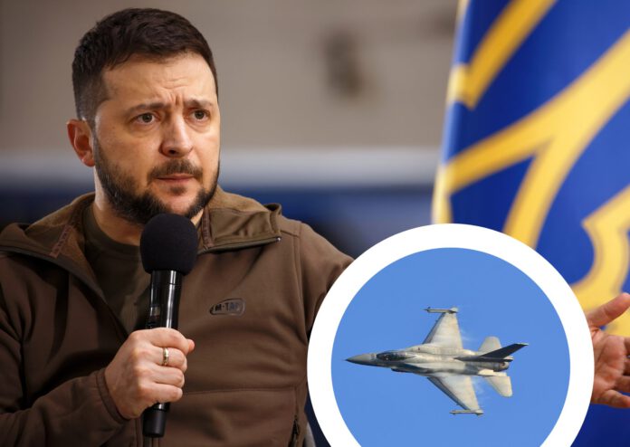 Composite-image-ukrainian-president-zelesky-next-to-fighter-jet-netherlands-ukraine