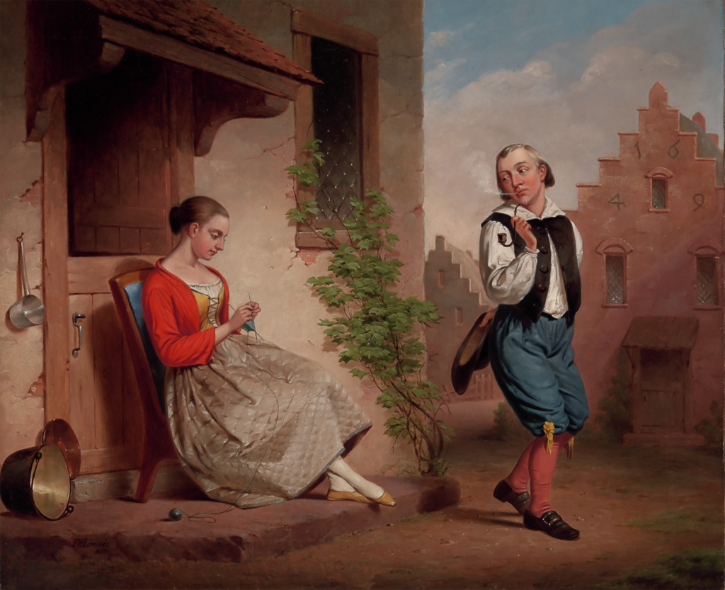 painting-of-courtship-in-New-Amsterdam-in-the-17th-century-where-a-young-man-is-dressed-in-the-distinctive-outfit-of-a-knickerbocker-while-a-young-girl-knits