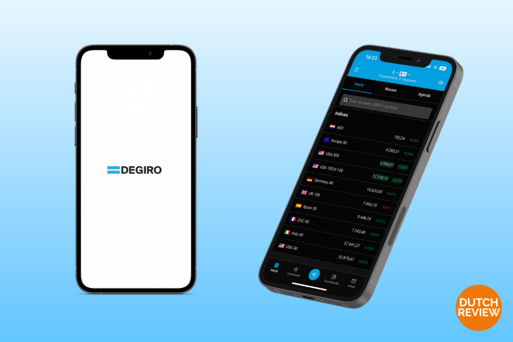 Mock-up-of-home-page-and-opening-screen-of-investing-and-finances-app-degiro