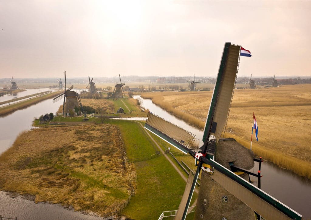 landscape over kinderdijk windmills