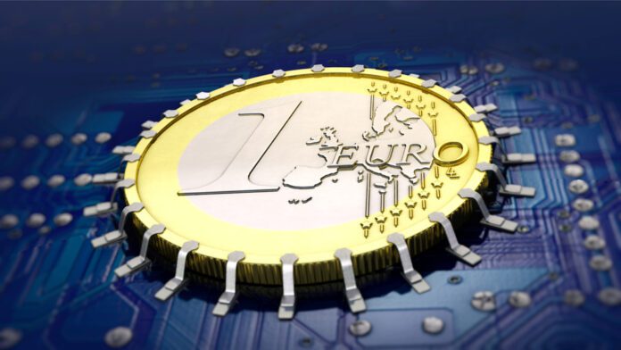 euro-coin-with-metal-chip-against-coding-blue-background-digital-currency