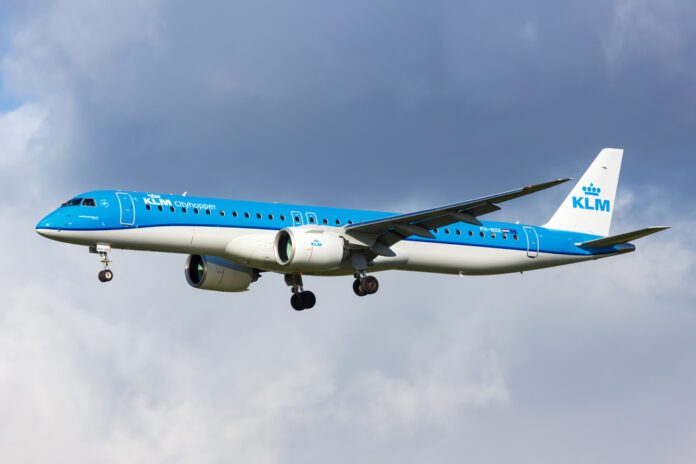 KLM Cityhopper Embraer 195 E2 airplane in the sky