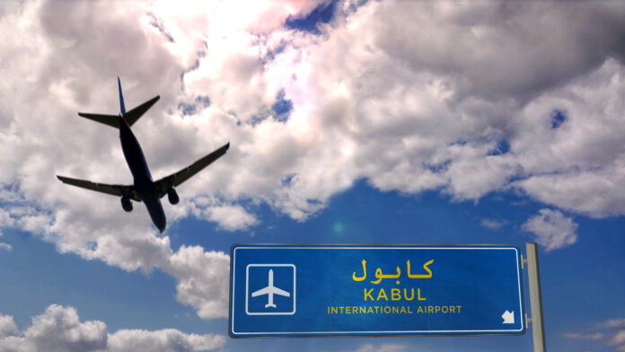 Airplane -silhouette-landing-in-Kabul, Afghanistan. City arrival with international airport direction signboard and blue sky in background. Travel, trip and transport concept 3d illustration.
