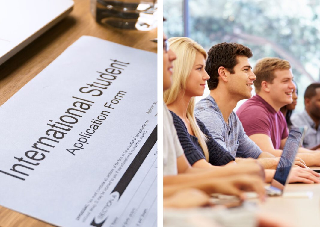 side-by-side-composite-image-of-international-students-sitting-at-class-room-desk-smiling-beside-international-student-form-paper