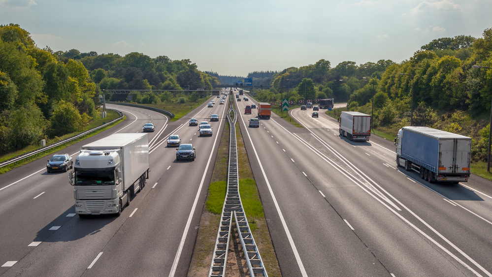 Aerial-view-of-Dutch-highway-with-trucks-and-cars