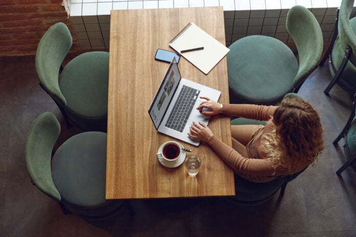 Top view of a dutch woman working from her favourite place to work or study in Nijmegen.