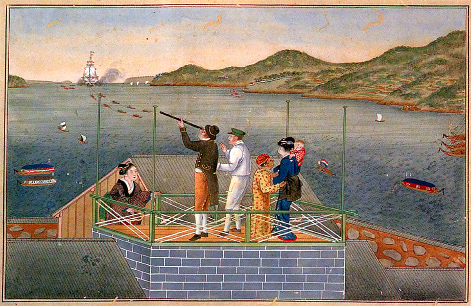 historical-painting-of-siebold-looking-through-a-telescope-dutch-japanese-relations