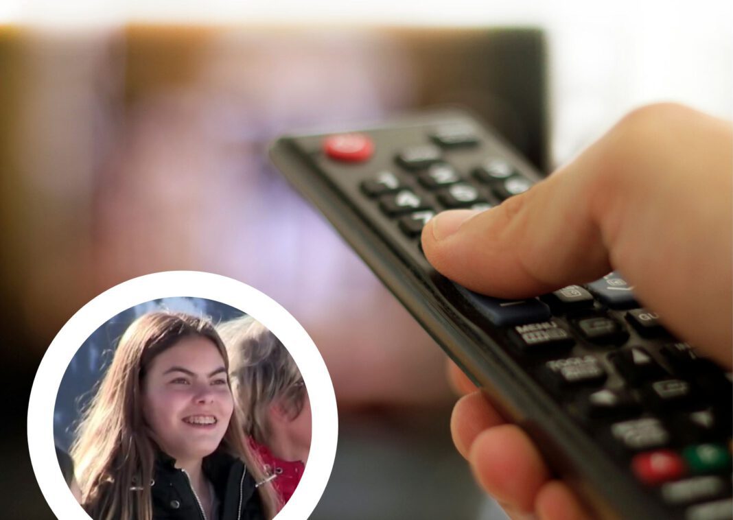 Composite-image-of-a-hand-holding-a-television-remote-and-a-circle-with-a-dutch-countess-smiling-underneath