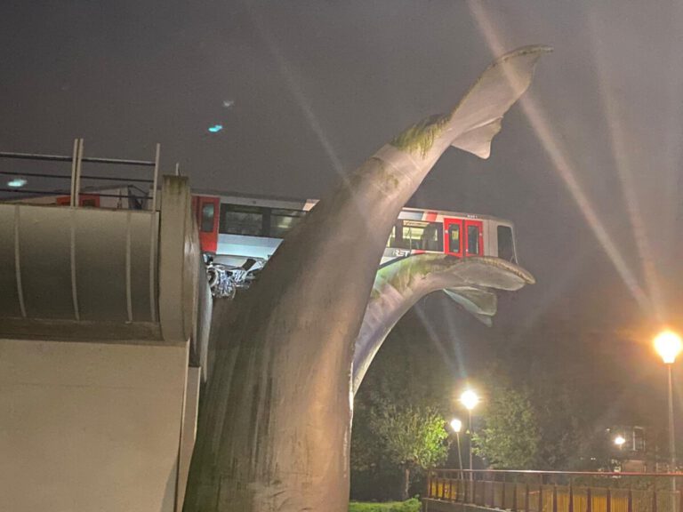Dutch metro misses end of the line, balances on sculpture 10 metres high