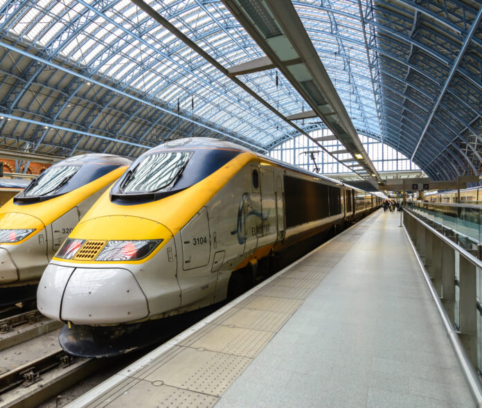 Yellow-and-grey-eurostar-train-at-a-train-platform
