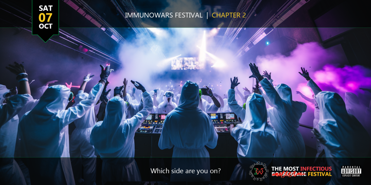 group-of-people-in-lab-coats-under-strobe-lighting-with-dj-at-festival-immunowars