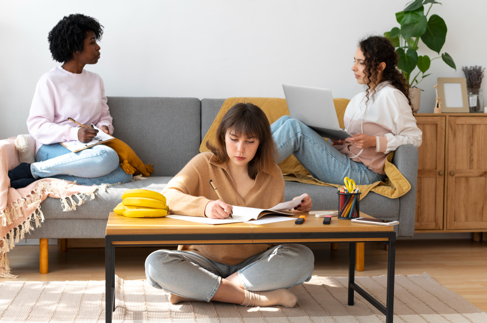 Students-sitting-on-couch-and-floor-studying-together-at-home