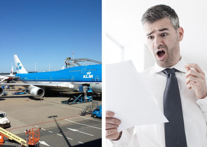 composite-image-of-shocked-man-in-white-shirt-and-tie-looking-at-paper-with-ticket-prices-side-by-side-with-photo-of-klm-plane-at-schiphol-airport