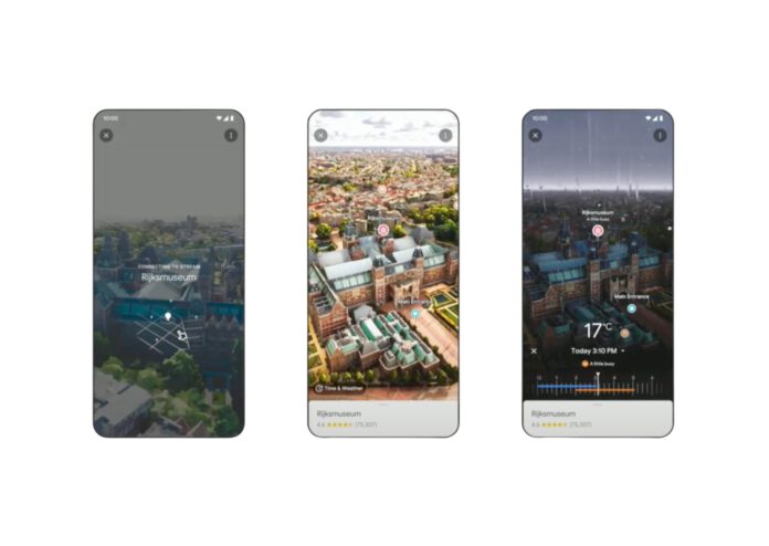 Three phones with the new Google Maps immersive feauture on them