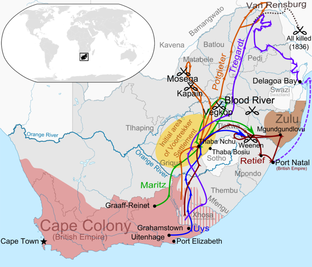 map-of-the-groot-trek-migration-of-boers-dutch-descendents-in-south-africa