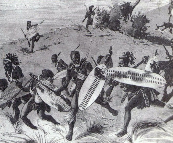 zulu-warriors-charging-towards-a-group-of-dutch-in-south-africa