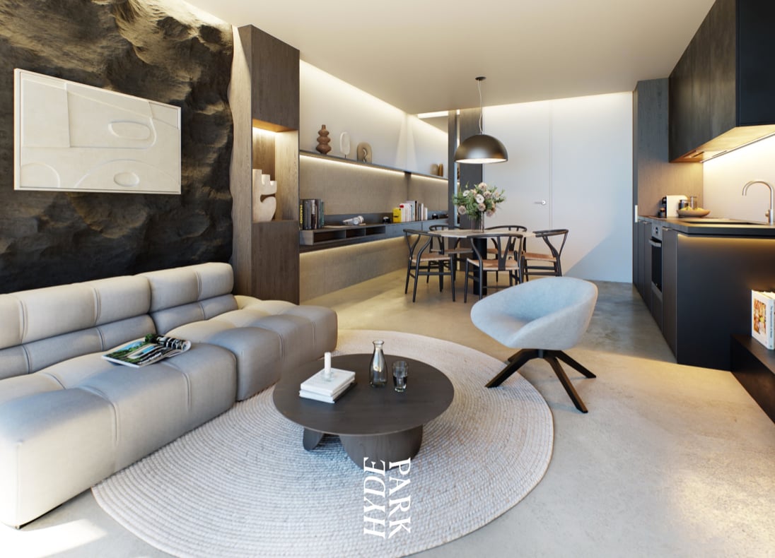 Mockup image of the modern interior of a Hyde Park apartment, to be seen at the expat open house.