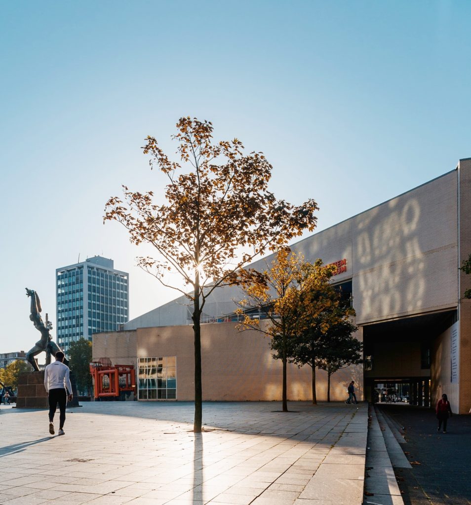 Photo-of-dutch-architecture-with-trees-and-statue-in-courtyard-Rotterdam