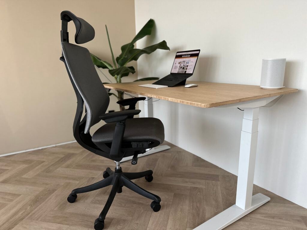 photo-of-flexispot-b12-pro-chair-at-standing-desk-with-banana-plant-in-background