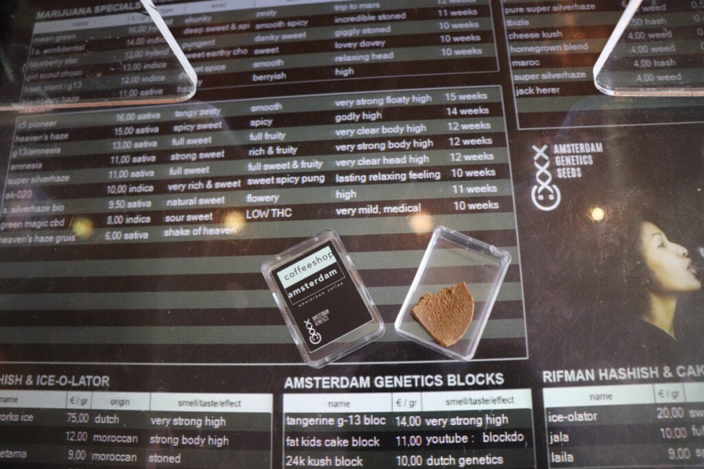 box with hash with menu from coffeeshop in Amsterdam