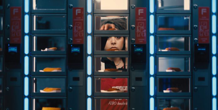 photo-of-woman-staring-through-FEBO-snack-wall-at-camera-still-from-il-fait-beau-short-film