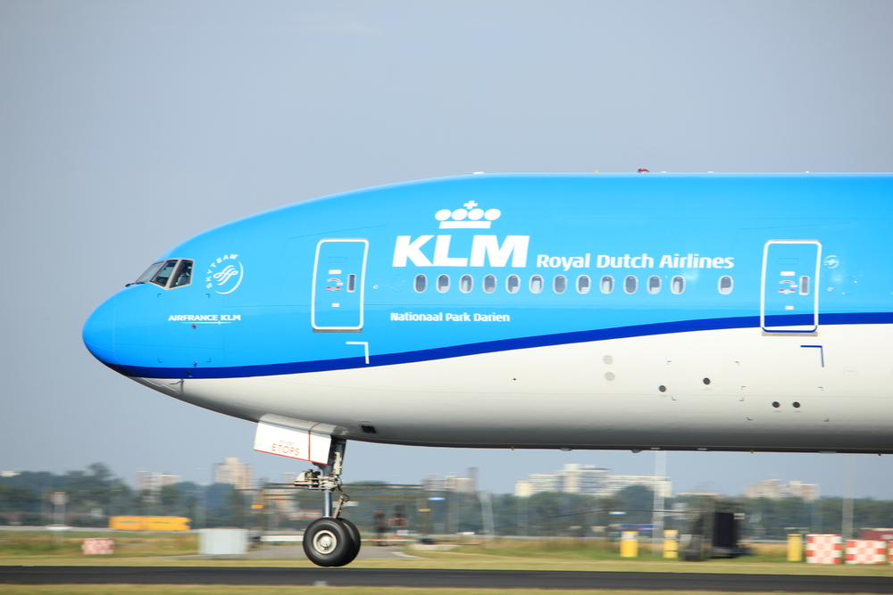 Blue-and-white-tip-of-KLM-airplane-on-runway