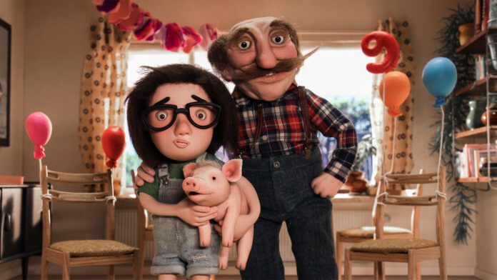 Clay-puppets-of-girl-with-grandpa-and-pig-from-Dutch-bestselling-movie-Knor