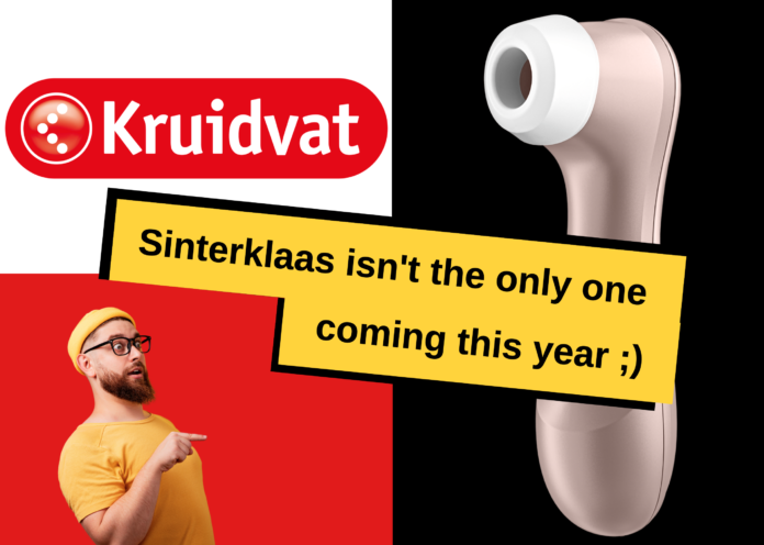 Image of an air-pressure sextoy, besides the logo of the Dutch drugstore Kruidvat, and a man dressed un yellow pointing to the sextoy.