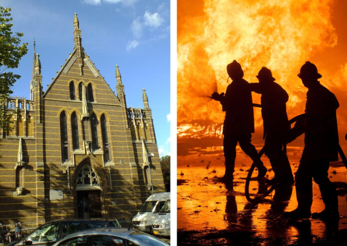 composite photo of lambertuskerk in veghel, netherlands, on a sunny day next to another photo of three firemen silhouetted by a fiery blaze