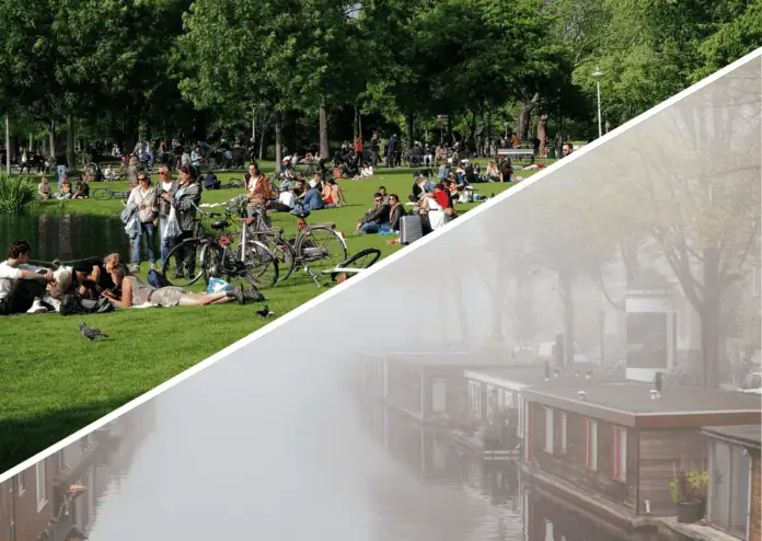 split-image-of-amsterdam-vondelpark-on-sunny-day-versus-foggy-mist-on-canals-weather