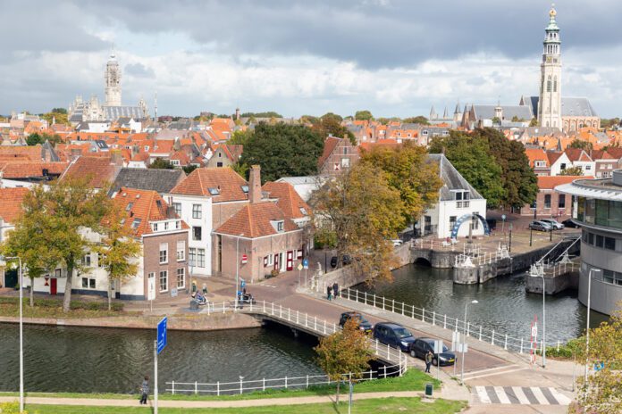 Dutch-Middelburg-city-with-houses-and-bridge-over-canal