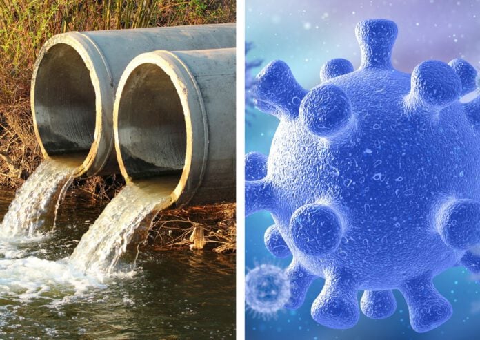 sewage-being-drained-into-river-side-by-side-with-blue-microscopic-covid-molecule