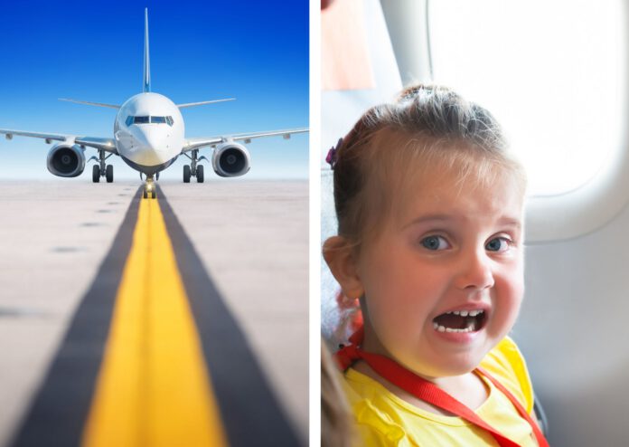 composite-photo-of-crying-child-wearing-yellow-next-to-plane-window-side-by-side-with-plane-on-runway