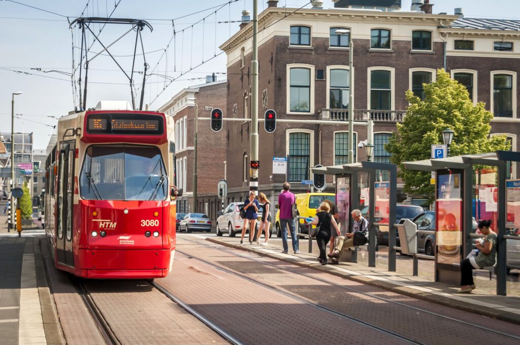 Red-and-beige-tram-in-the-Hague-The-Netherlands