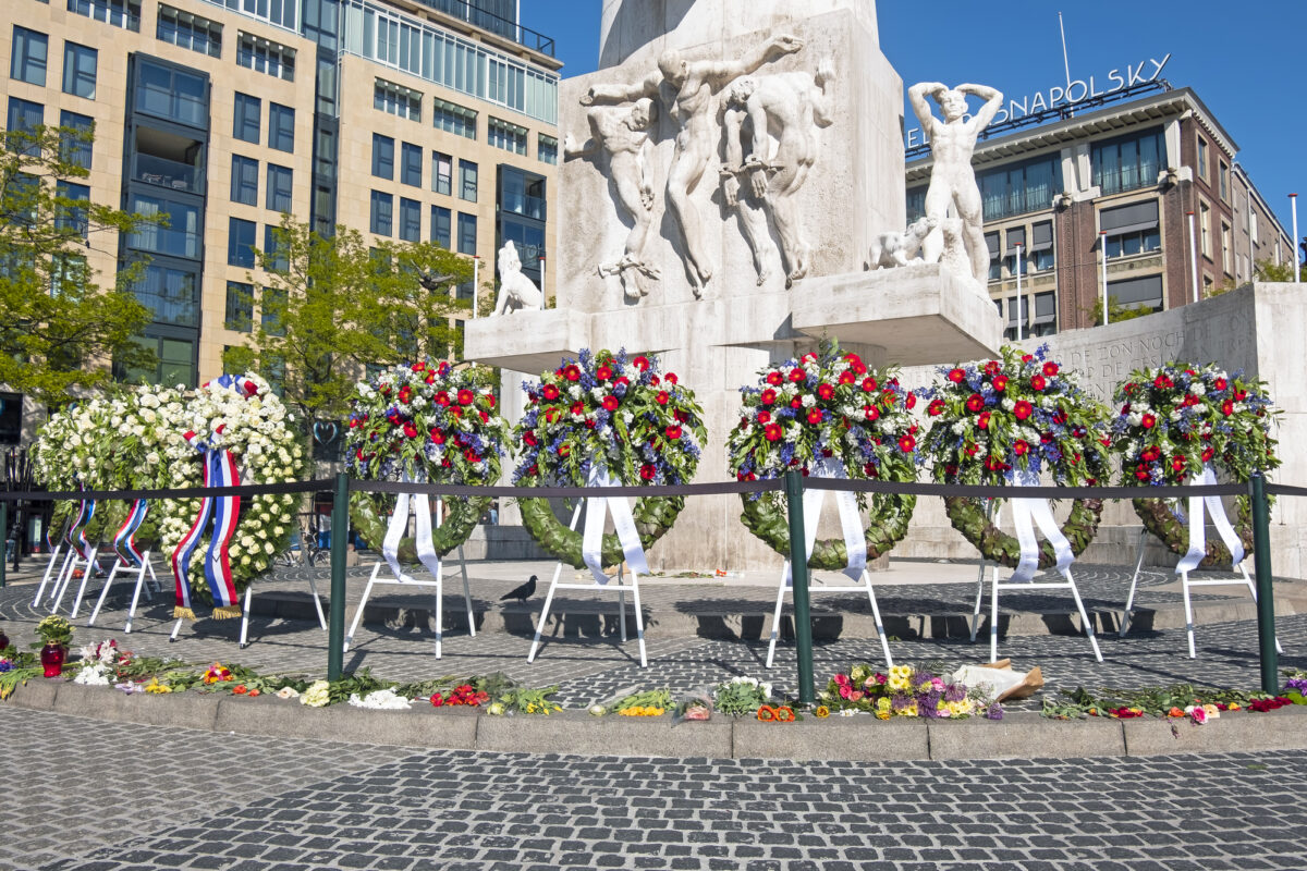 Commemorative-wreathes-with-dutch-colours-at-a-national-monument-in-the-Netherlands