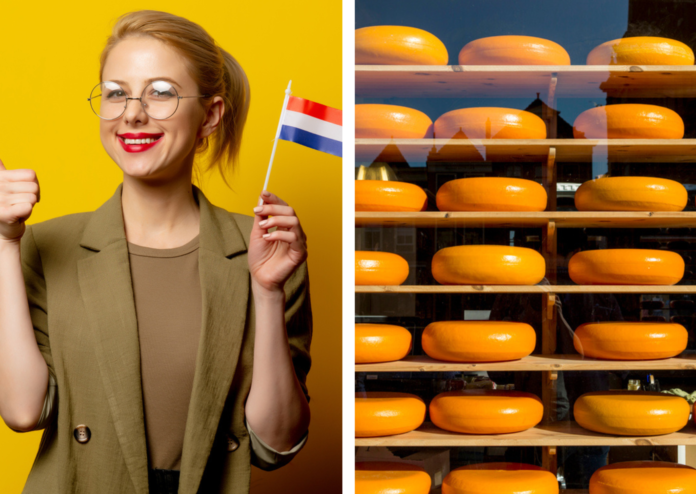 composoite-image-of-Dutch-woman-and-cheese-wheels-in-window