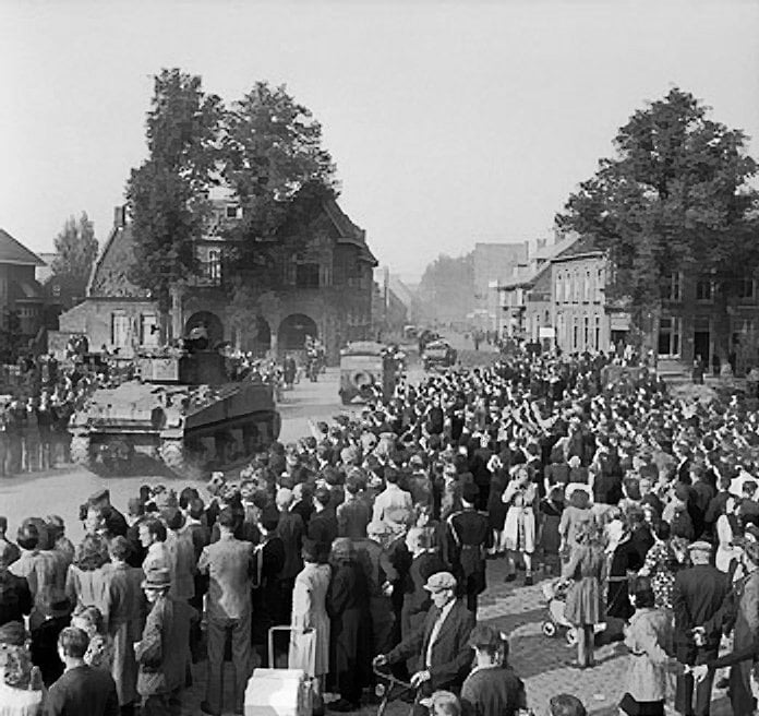 Sherman tanks advancing through Valkenswaard, 1945